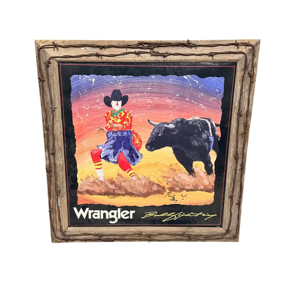 Vintage Wrangler Bullfighting Rowdy Barry Art Print Barbed Wire Barn Wood Frame